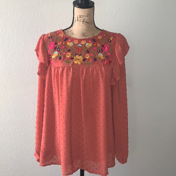 Three Bird Nest Athena Swiss Dot Chiffon Top - Orange - Picture 2 of 4